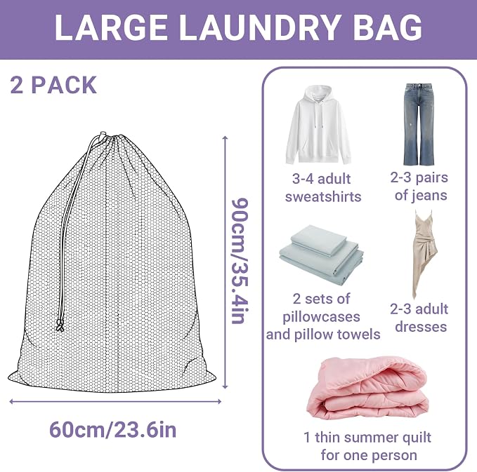2 Pack XL Mesh Laundry Bags, Machine Washable Heavy Duty Mesh Storage Bag - Image 6