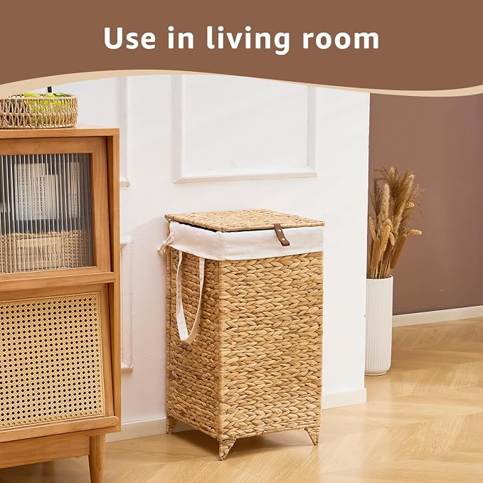 Laundry Hamper with Lid and Removable Liner Bag, Handwoven Natural Hyacinth - Image 4