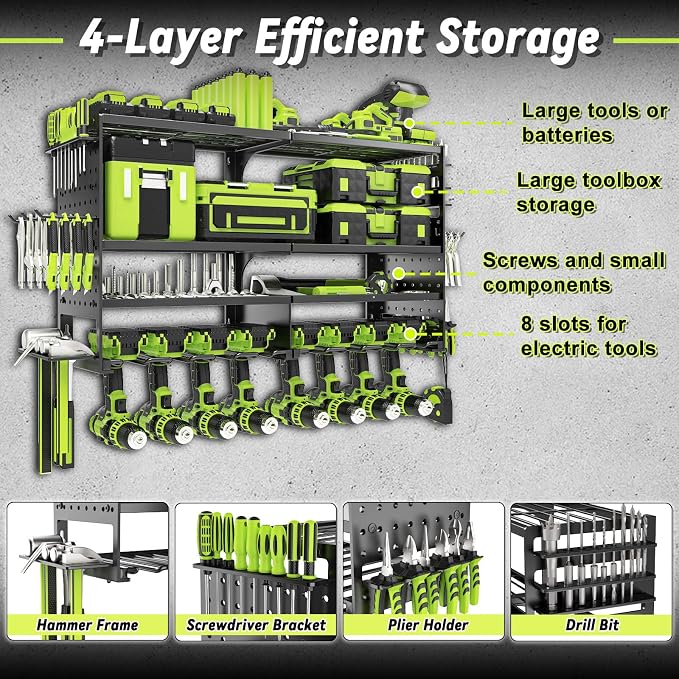 Power Tool Organizer Wall Mount, Heavy Duty Metal 4 Layer 8 Slots Drill Holder - Image 2