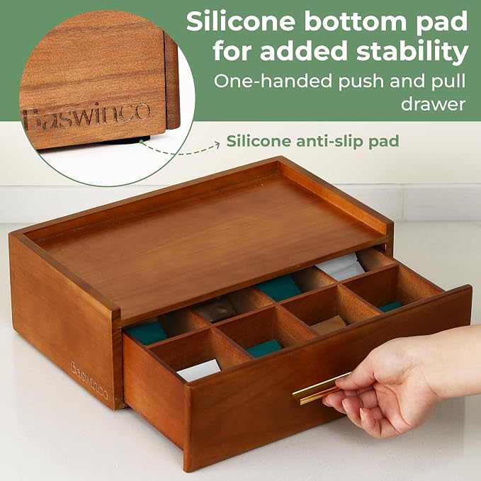 Tea Bag Organizer for Counter – Easy Pull Drawer, Anti-Slip Pads, Wooden Tea - Image 2