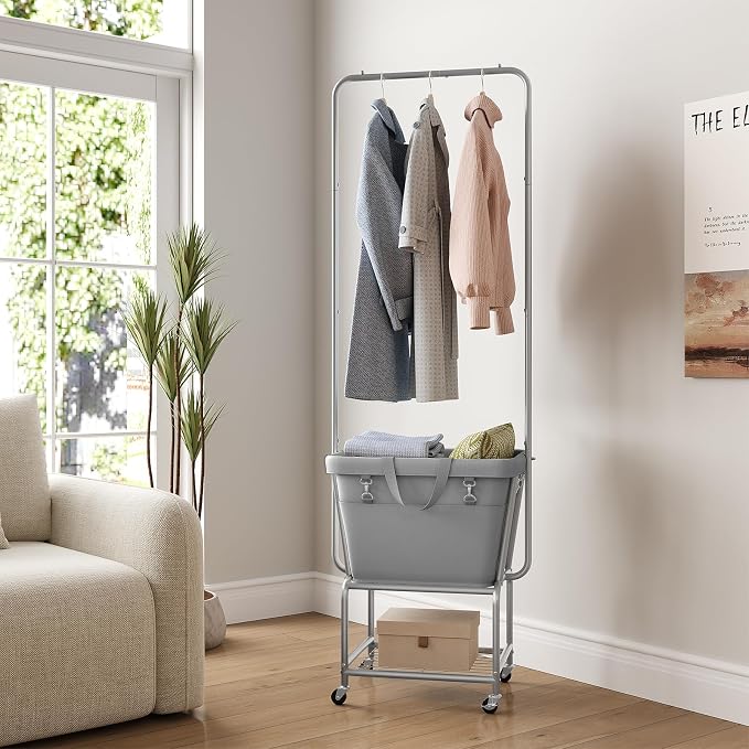 ELYKEN Laundry Cart with Hanging Rack, Rolling Laundry Hamper with Wheels - Image 7