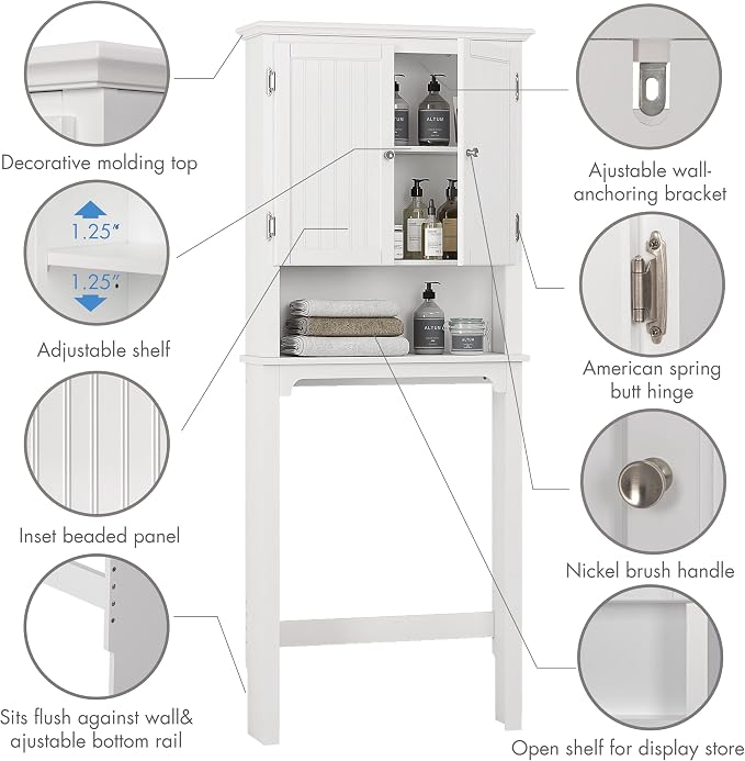 UTEX Over The Toilet Storage Cabinet, Adjustable Shelves, Anti-Tip Bracket - Image 4