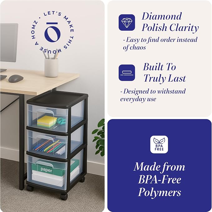 HOMZ Drawer Tower 3-Tier Storage Cart, Removable Wheels, 2 Pack | Plastic - Image 5