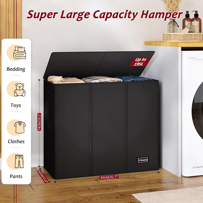 195L Laundry Hamper 3 Section, Large Laundry Hamper - Image 2