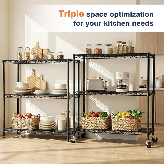 3 Tier Wire Shelf, Height Adjustable Design, 35.4"Wx17.7Dx36.5H, Lockable - Image 3