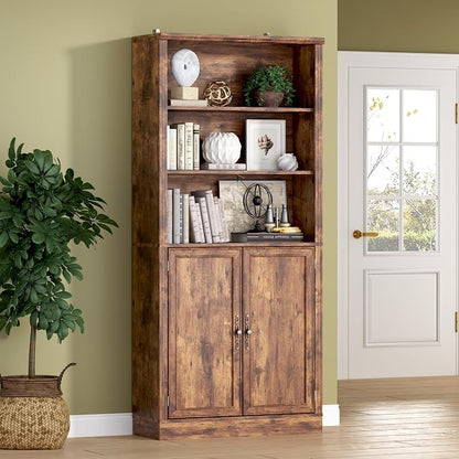 71.4" Tall Bookshelf with Cabinet, 5-Tier Floor Standing Bookcase with Doors & by BORNOON