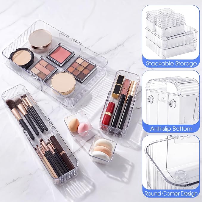 Aneco 14 Pieces Extendable Clear Drawer Organizer Adjustable Vanity Storage Box - Image 3