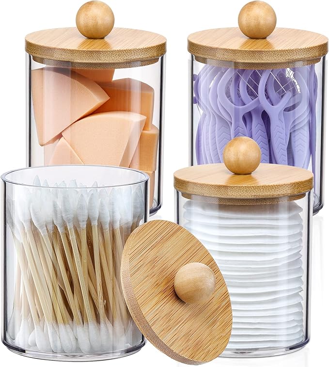 4 Pack Qtip Holder Dispenser - 10 oz Clear Plastic Apothecary Jar Containers by VITEVER