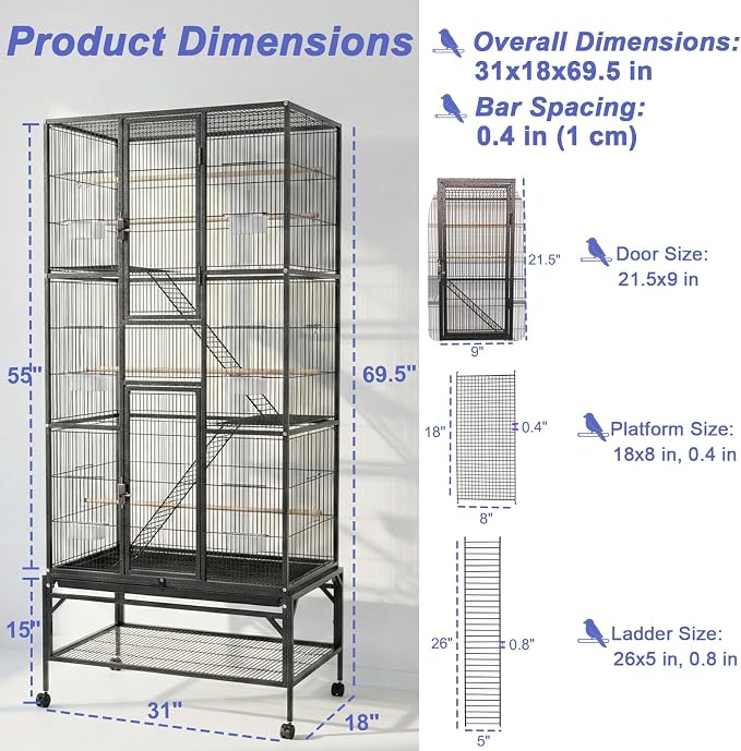 69.5 Inch Large Bird Cage, Parakeet Flight Cage - Image 3