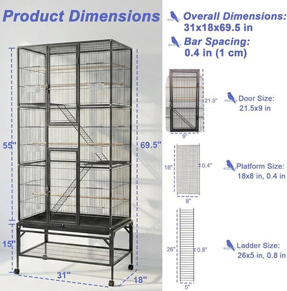 69.5 Inch Large Bird Cage, Parakeet Flight Cage - Image 3