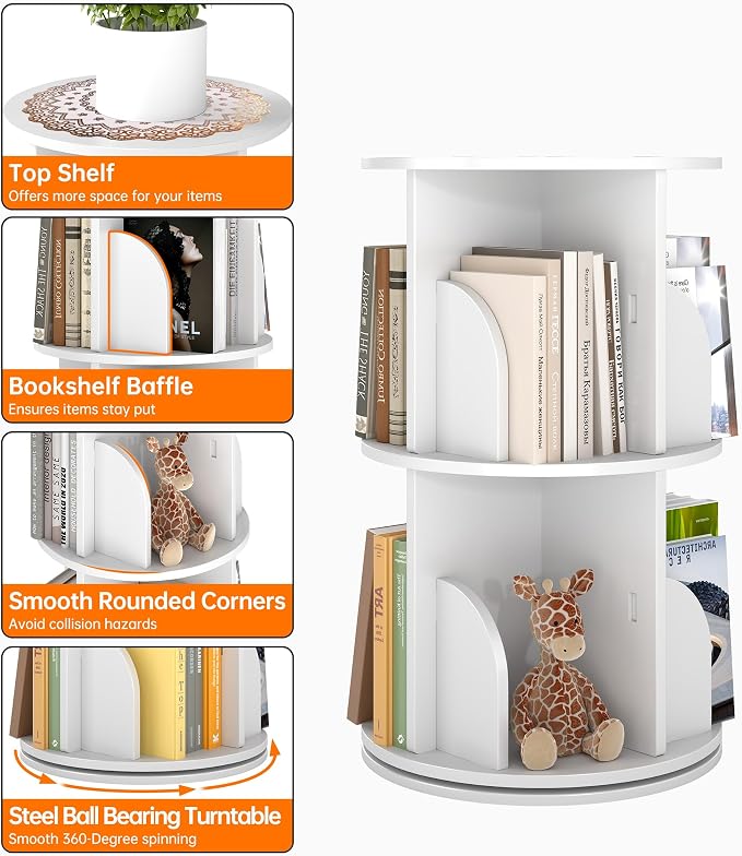 Rotating 2-Tier Bookshelf Tower, 360° Spinning Corner Bookcase - Image 7