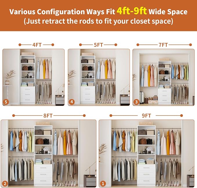 Fastgo Closet System with Drawers, 5-9FT Closet Organizer System with 4 - Image 5