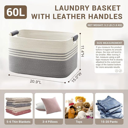 60L Large Laundry Basket with Leather Handles - Image 2