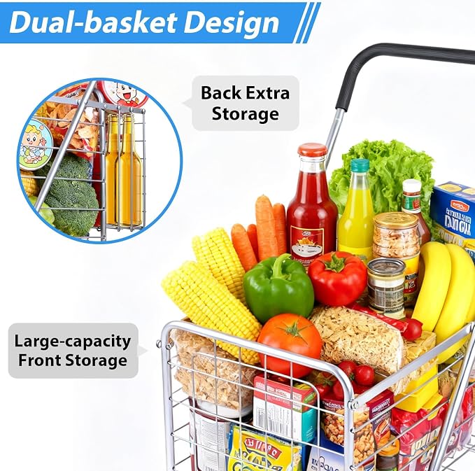 Folding Shopping Cart with Double Baskets, Collapsible Grocery Rolling Utility - Image 4