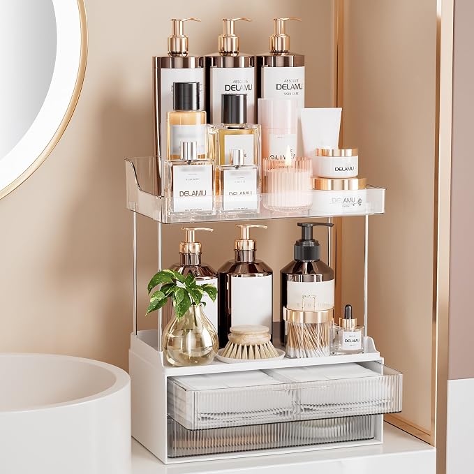 Delamu Bathroom Organizers and Storage, 2 Tier 2 Drawer Makeup Organizer by DELAMU