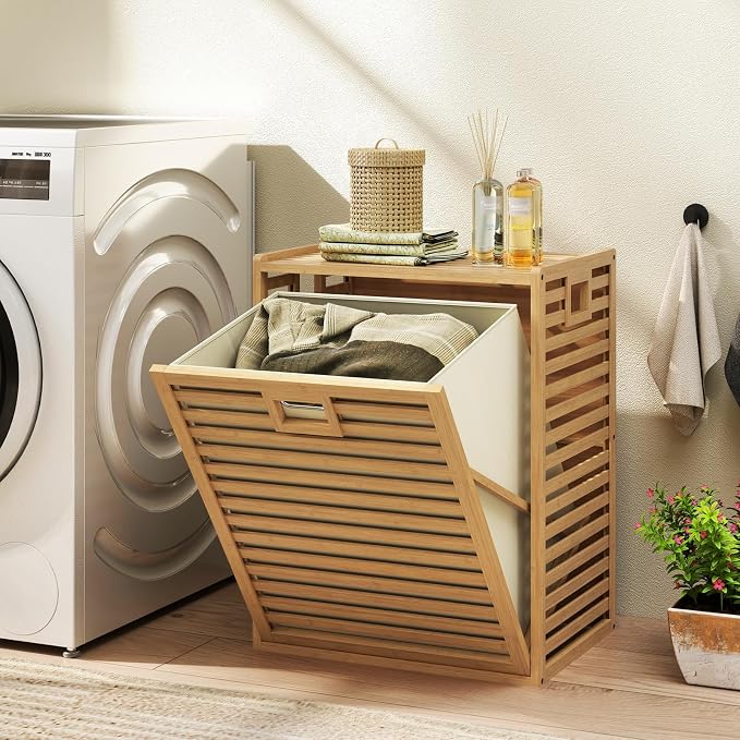 Giantex Tilt Out Laundry Hamper, Bamboo Laundry Storage Cabinet - Image 2