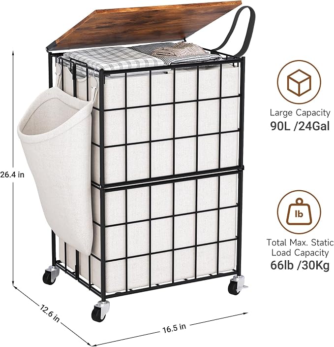 90L Laundry Basket with Wheels, Large Capacity Laundry Hamper with Removable - Image 2