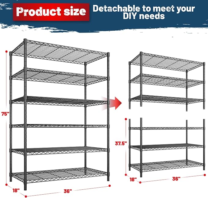 6Tier Metal Shelving Unit Storage Shelves. 1200LBS Wire Shelving Rack Heavy Duty - Image 2
