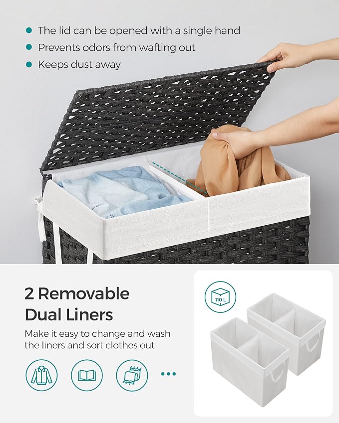 SONGMICS Laundry Hamper with Lid, 110L Wicker Laundry Basket | 6 Mesh Bags - Image 3