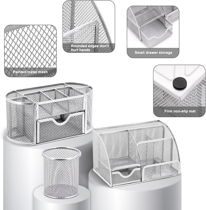 17 in1 Silvery Desk Organizers and Accessories Set, 3 Office Desk Supplies - Image 3