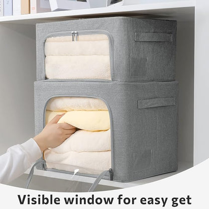 FHSQX 2 Pack Clear Window Storage Bins Stackable Linen Fabric Storage - Image 6