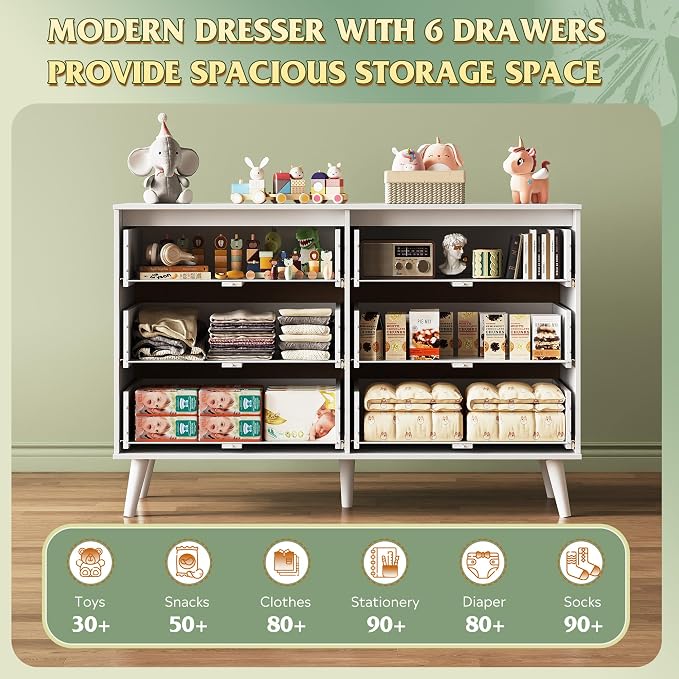 WLIVE 6 Drawer Dresser for Bedroom, 47.24'' Wide Wooden White Dresser, Storage - Image 4
