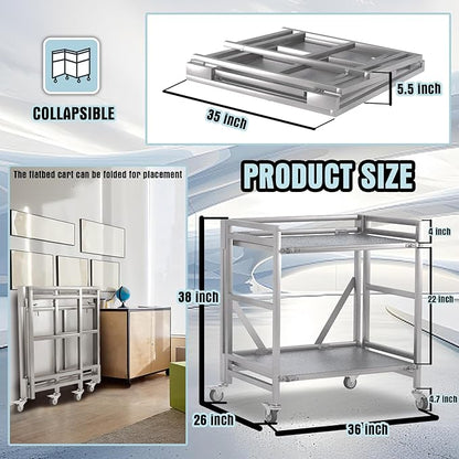 2 Shelf Rolling Cart with Wheels, 660lbs Capacity Collapsible Steel Rolling - Image 5