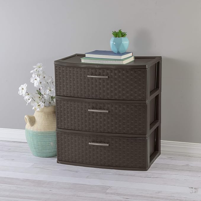 Sterilite 3 Drawer Wide Storage Tower, Plastic Weave Organizer, Espresso - Image 6