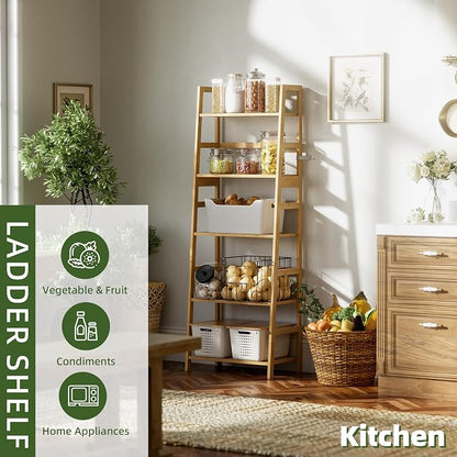 Ladder Shelf, 5-Tier Bookshelf, All Bamboo Heavy Duty Bookcase, Freestanding - Image 9