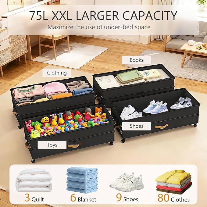 Under Bed Storage with Wheels 2-Pack, 75L XXL Under the Bed Storage Containers - Image 3