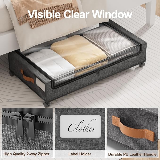 LAMU Under Bed Storage with Wheels, 2 Pack Under Bed Storage Containers with - Image 5