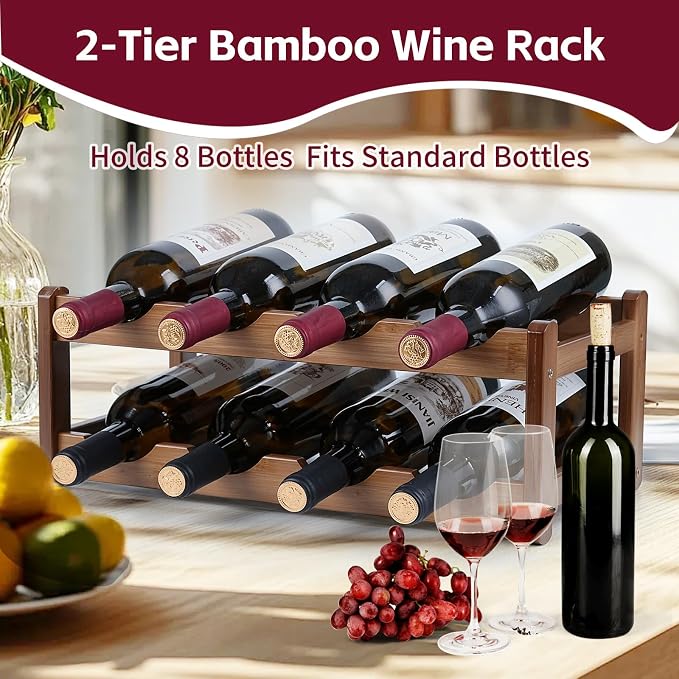 Wine Rack Storage, Bamboo Wine Racks Cabinet Shelf, 2-Tier 8 Bottles - Image 4
