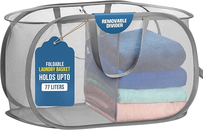 Handy Laundry Collapsible Laundry Basket, 2-Compartment Mesh Pop Up Hamper by Handy+Laundry
