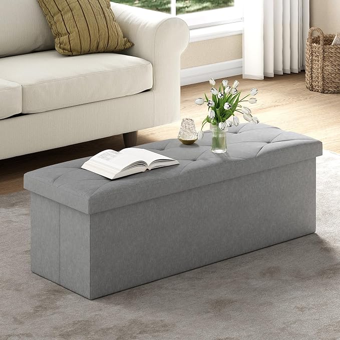 VECELO 43'' Folding Storage Ottoman Bench, Storage Chest, Linen Fabric Foot by VECELO