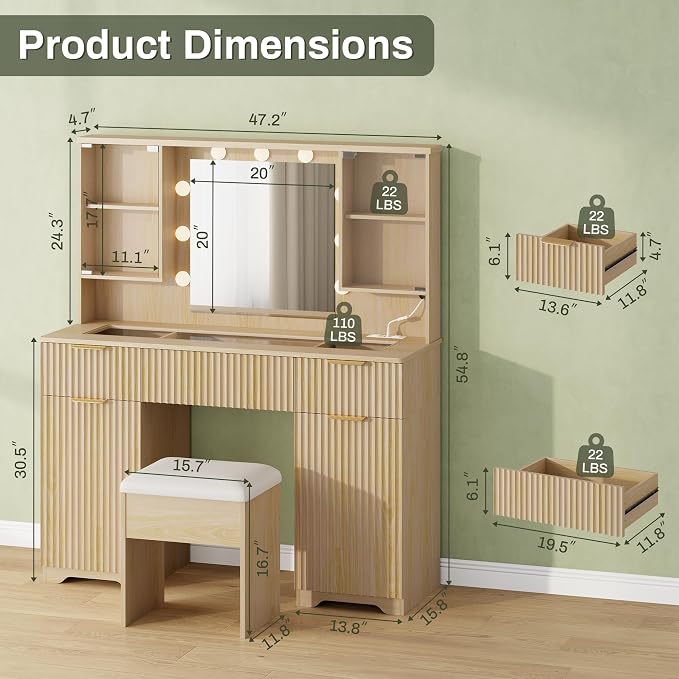 ONME Makeup Vanity Desk with Lights, Natural Wood Fluted Vanity with Tempered - Image 6