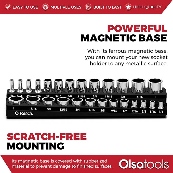 Olsa Tools Magnetic Socket Organizer | 3/8-Inch Drive | SAE | Black | Holds 26 - Image 4