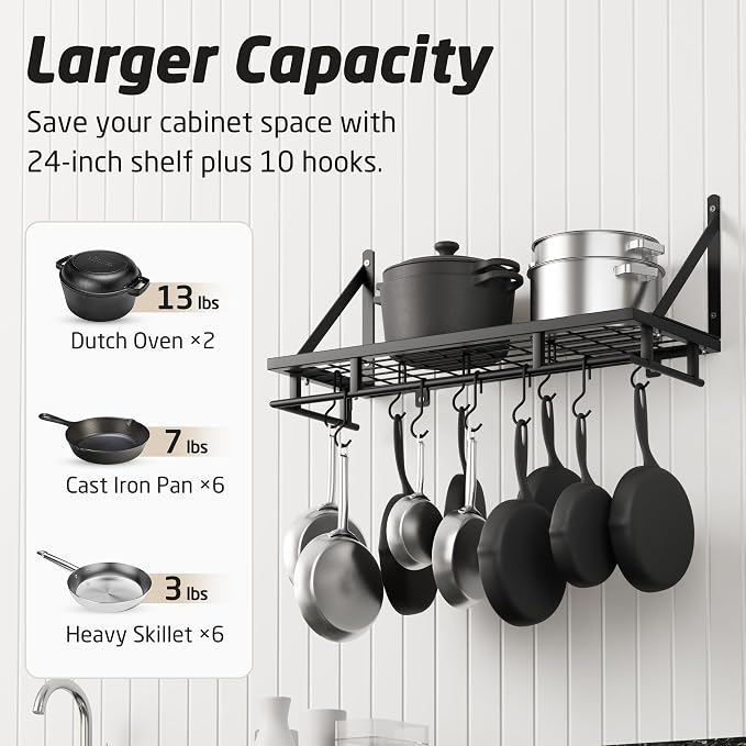 KES 24 Inch Kitchen Pot Pan Rack Wall Mounted Hanging Storage Organizer Wall - Image 2