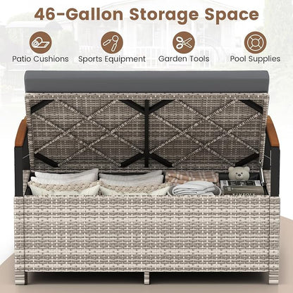 RELAX4LIFE Wicker Outdoor Storage Bench, Rattan Deck Box w/Protective Liner - Image 3