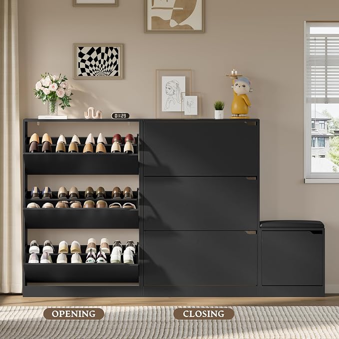 BORNOON Shoe Cabinet with Bench and 3 Flip Drawers, Slim Narrow Shoe Storage - Image 5