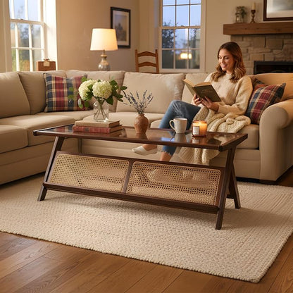 Tiita Rattan Coffee Table, Bamboo Accent Bedside Tables, Glass Nightstand Side - Image 5