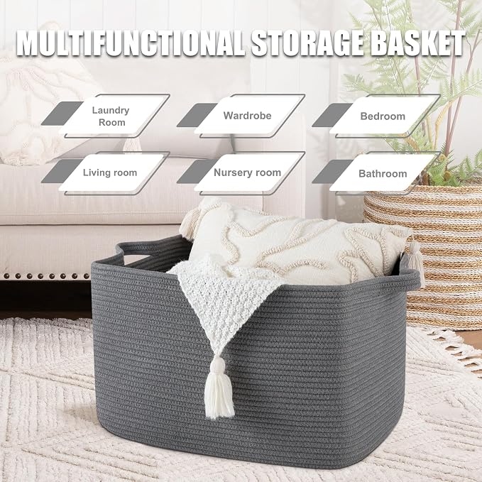 65L Large Storage Basket, Cotton Rope Woven Blanket Basket, Toy Storage - Image 4