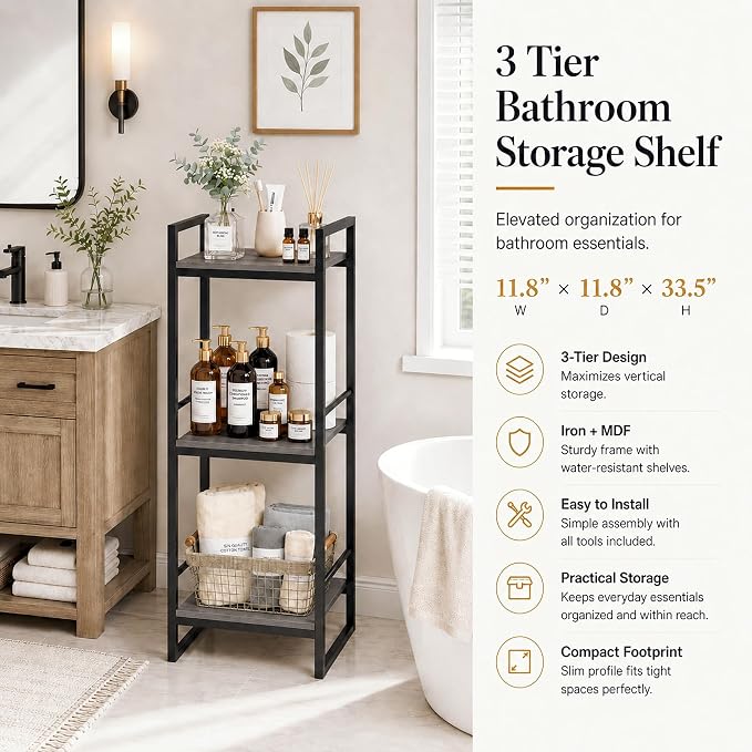 BYFU 3 Tier Bathroom Storage Open Shelf Grey Metal Corner Storage Rack | 33.5" - Image 5