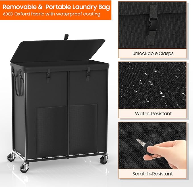 250L Laundry Hamper with Lid, Rolling Laundry Basket with Wheels and Bag | - Image 5