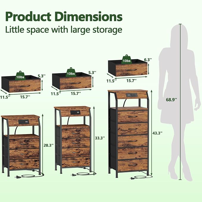 Furnulem Night Stand with Charging Station, 4 Drawers Tall Bedside Table | - Image 9