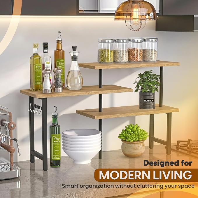 3-Tier Bamboo Corner Organizer Countertop Shelf | Extended top shelf, coffee - Image 7