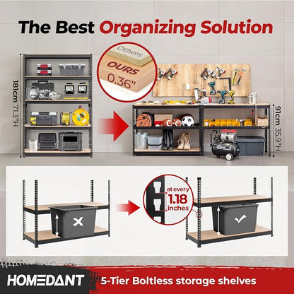 HOMEDANT 5 Tier Storage Shelves Adjustable Laminated Boltless Garage Metal - Image 4