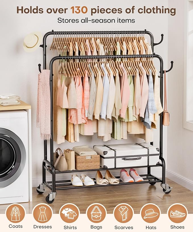 Homde Heavy Duty Clothes Rack: 265lb Rolling Double Rod Garment Hanging - Image 4