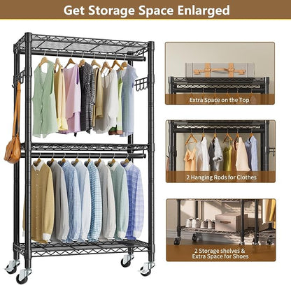 Heavy Duty Clothes Rack Rolling Garment Rack, 3 Tier Adjustable Wire Shelving - Image 4