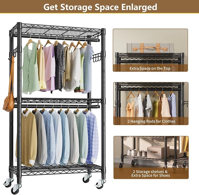 Heavy Duty Clothes Rack Rolling Garment Rack, 3 Tier Adjustable Wire Shelving - Image 6