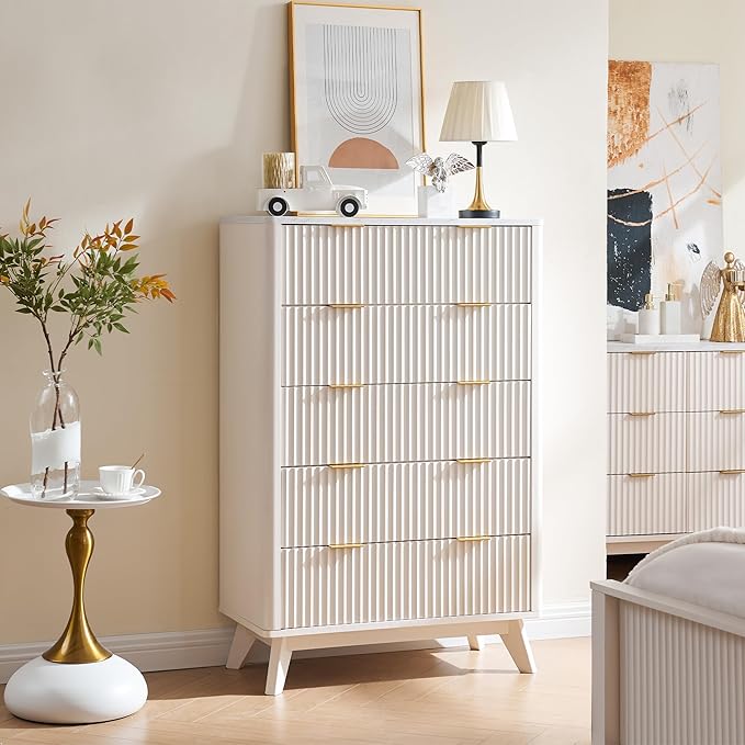 T4TREAM Fluted 5 Drawers Dresser, Curved Profile Design, Wood Drawer Organizer - Image 3